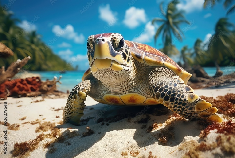 Obraz premium Green sea turtle on a tropical beach at Seychelles.