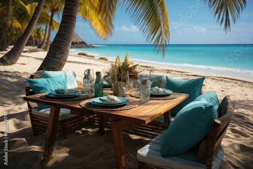Table set for a luxury breakfast on tropical beach