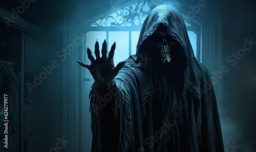 Grim reaper walking in a misty room for halloween