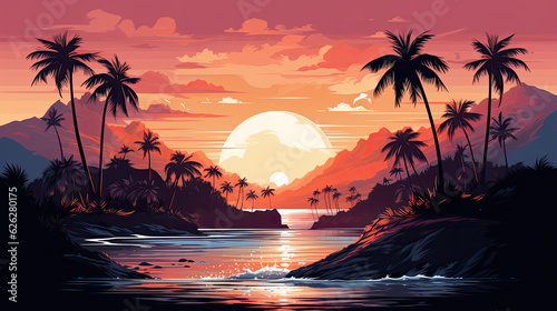 Tropical beach panorama at sunset, Generative AI.