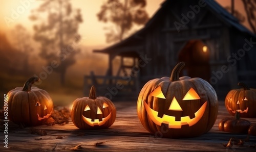 A spooky with a haunted evil glowing eyes of Jack O' Lanterns, scary halloween night