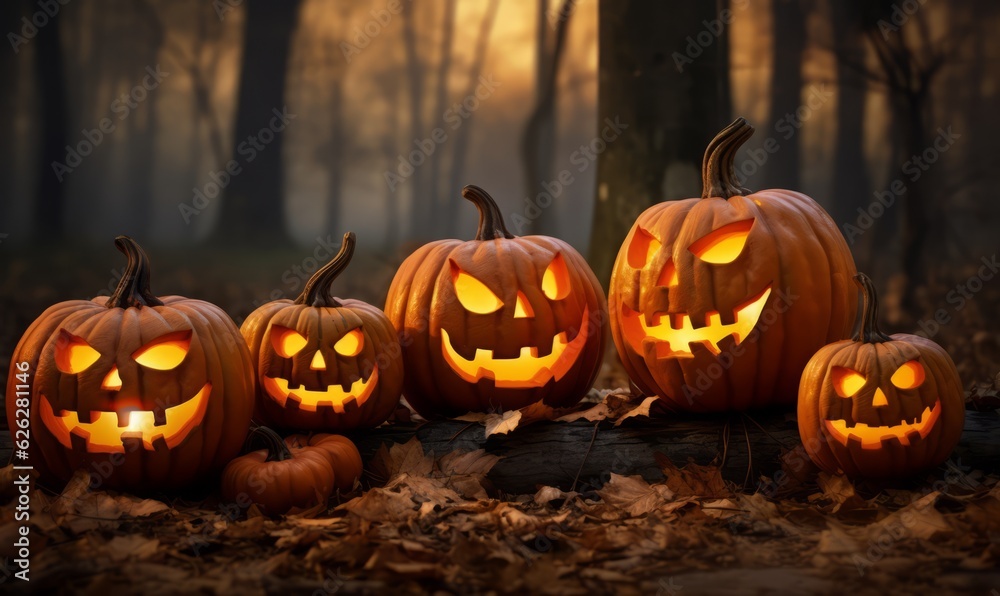 Fototapeta premium Scary halloween pumpkinin in forest in a halloween night