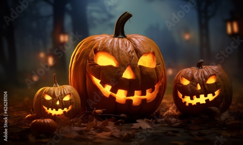 Scary halloween pumpkinin in forest in a halloween night
