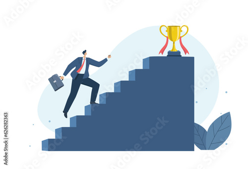 The goal is ahead, full of obstacles and relentless. on business route, Businessman holding a briefcase run up the stairs with enthusiasm, Go for the trophy.