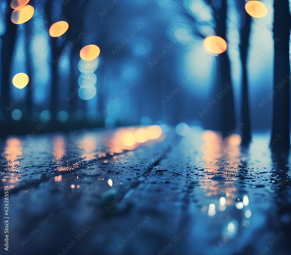 Dark background with rainy night, bokeh and road. AI