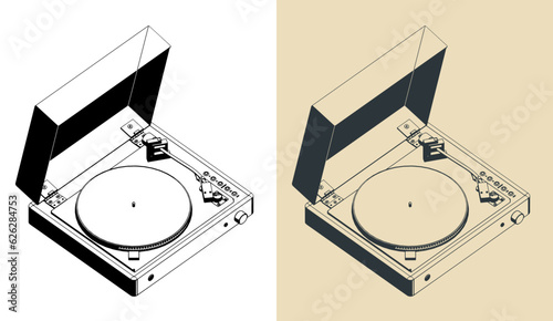 Turntable vinyl player isometric illustrations