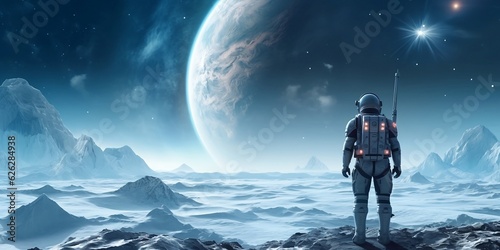 Fototapeta Naklejka Na Ścianę i Meble -  Scene of an astronaut standing on an unknown icy planet with a breathtaking landscape. The astronaut is wearing a futuristic space suit with a helmet. ai generated