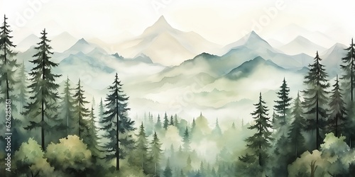 Serene Watercolor Forest Landscape with Majestic Mountains, Pine Trees, and Lush Greenery. ai generated