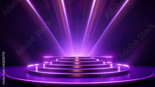 Festive empty purple stage or podium for product presentation, background with shiny glow beams lights and bokeh. Generative AI 