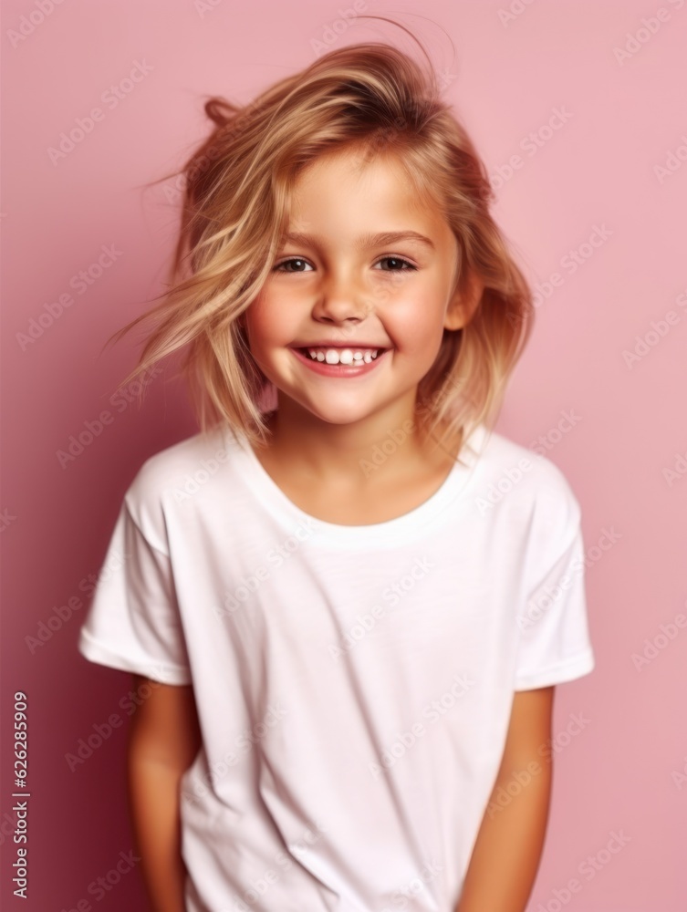Little pretty girl smiling model posing at camera in bright studio. Little pretty girl smiling model posing at camera in bright studio.