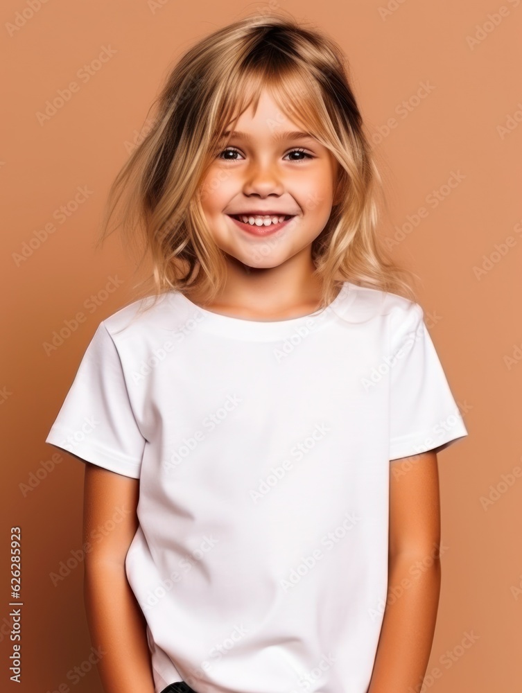 Little pretty girl smiling model posing at camera in bright studio. Generative AI Little pretty girl smiling model posing at camera in bright studio. Generative AI