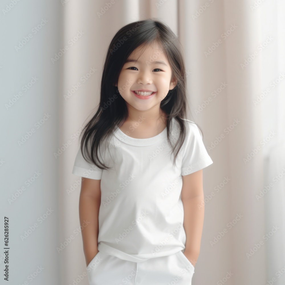 Little pretty girl smiling model posing at camera in bright studio. Generative AI Little pretty girl smiling model posing at camera in bright studio. Generative AI