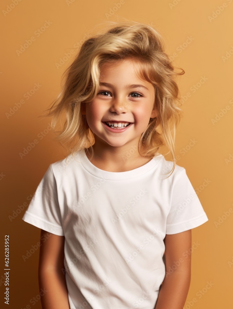 Little pretty girl smiling model posing at camera in bright studio. Generative AI Little pretty girl smiling model posing at camera in bright studio. Generative AI