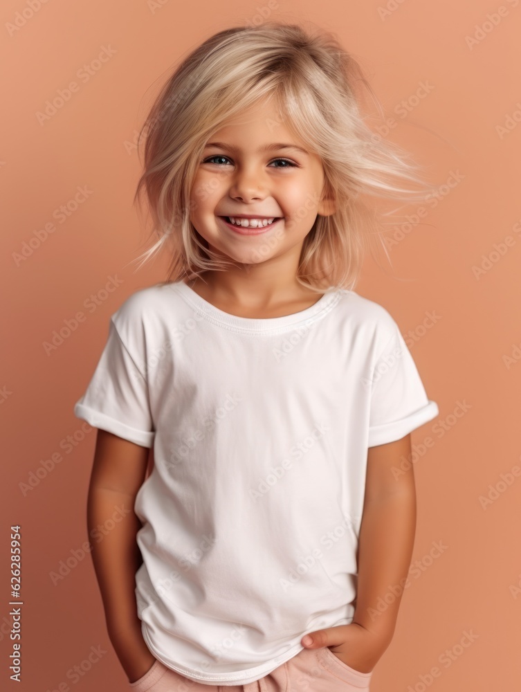 Little pretty girl smiling model posing at camera in bright studio. Generative AI Little pretty girl smiling model posing at camera in bright studio. Generative AI
