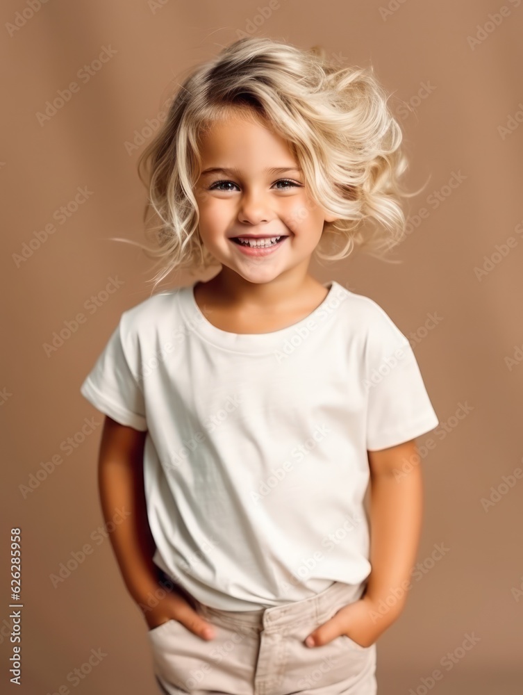 Little pretty girl smiling model posing at camera in bright studio. Generative AI Little pretty girl smiling model posing at camera in bright studio. Generative AI