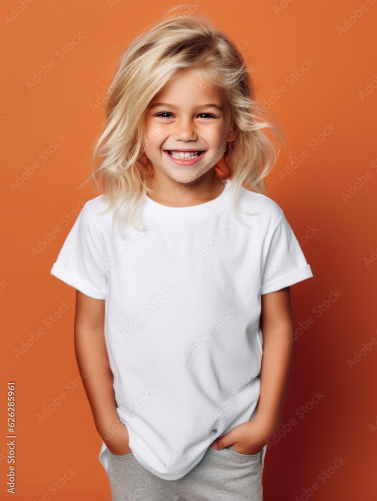 Little pretty girl smiling model posing at camera in bright studio. Generative AI Little pretty girl smiling model posing at camera in bright studio. Generative AI