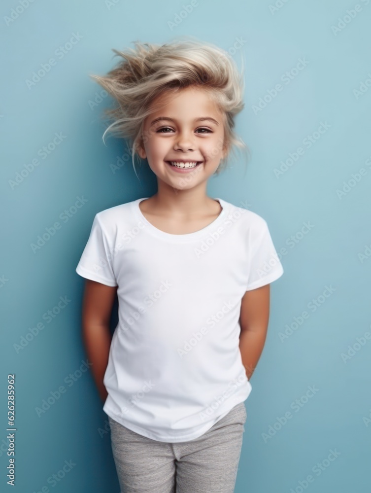 Little pretty girl smiling model posing at camera in bright studio. Generative AI Little pretty girl smiling model posing at camera in bright studio. Generative AI