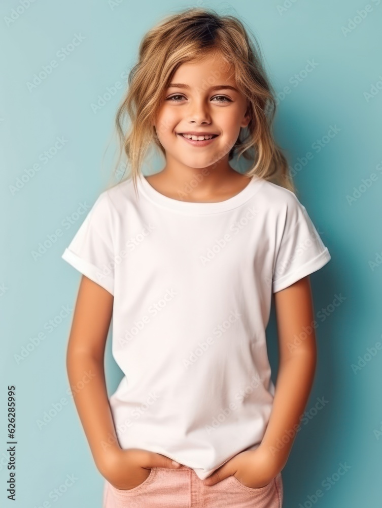 Little pretty girl smiling model posing at camera in bright studio. Generative AI Little pretty girl smiling model posing at camera in bright studio. Generative AI