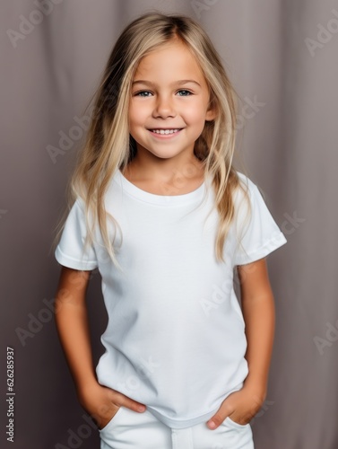Little pretty girl smiling model posing at camera in bright studio. Generative AI