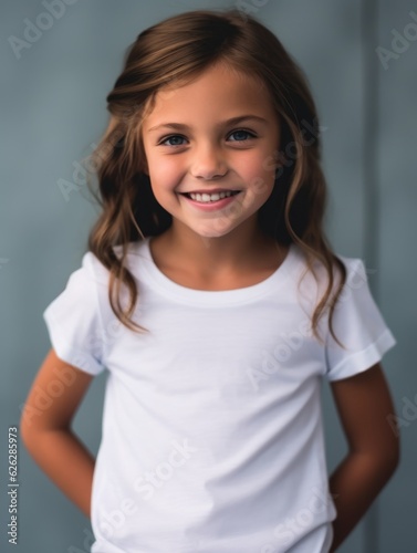 Little pretty girl smiling model posing at camera in bright studio. Generative AI