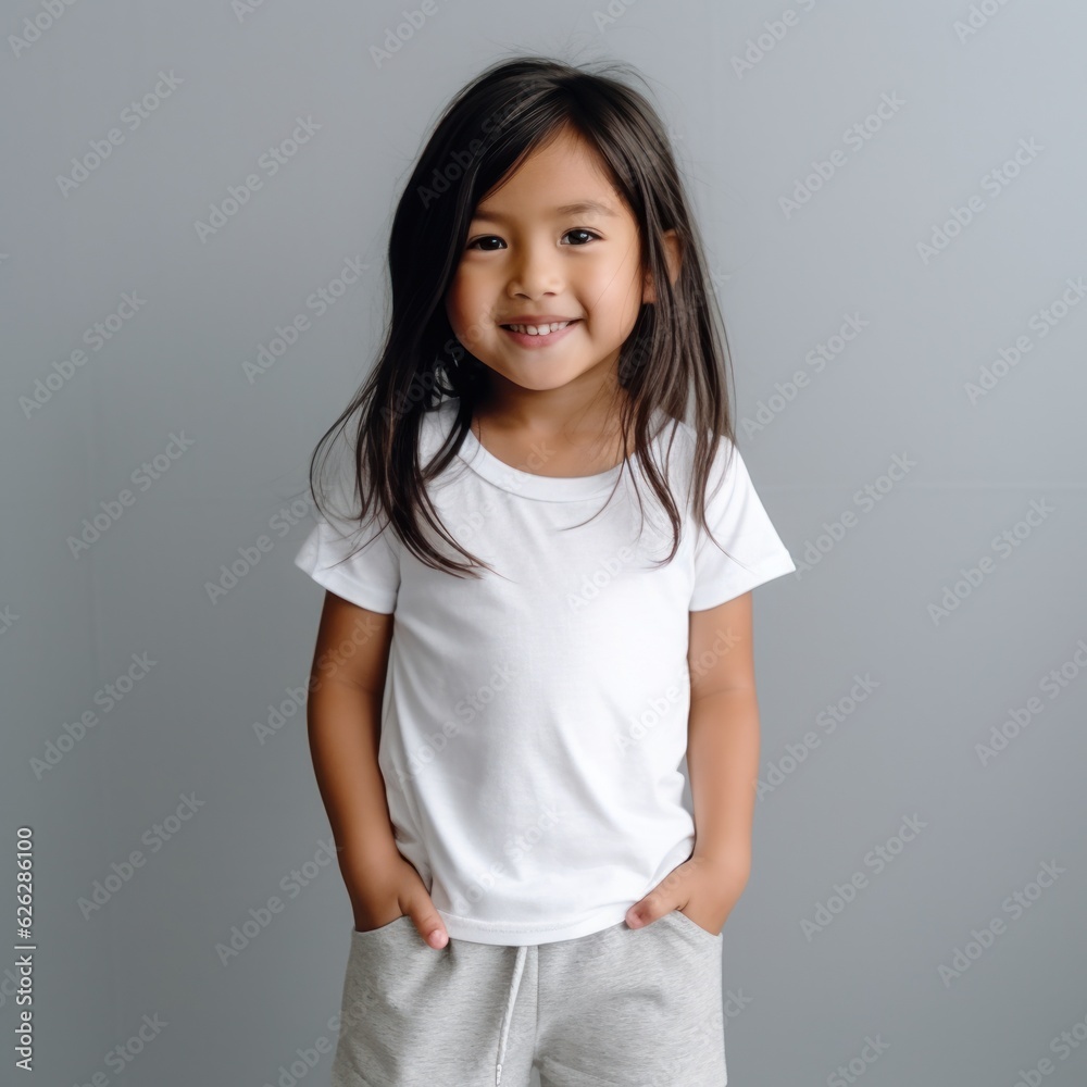 Little pretty girl smiling model posing at camera in bright studio. Generative AI Little pretty girl smiling model posing at camera in bright studio. Generative AI
