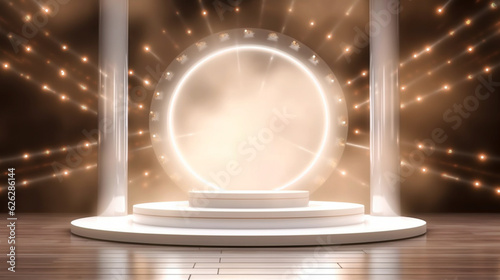 Festive empty white stage or podium for product presentation, background with shiny glow beams lights and bokeh. Generative AI © Odin