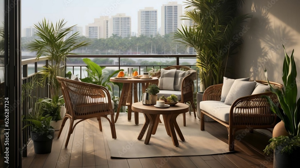 Obraz premium Balcony view: chairs, table, plants, open feel