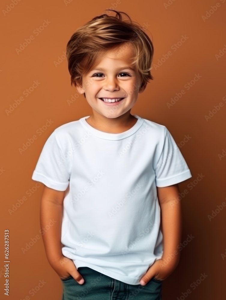 Little pretty boy smiling model posing at camera in bright studio. Generative AI Little pretty boy smiling model posing at camera in bright studio. Generative AI