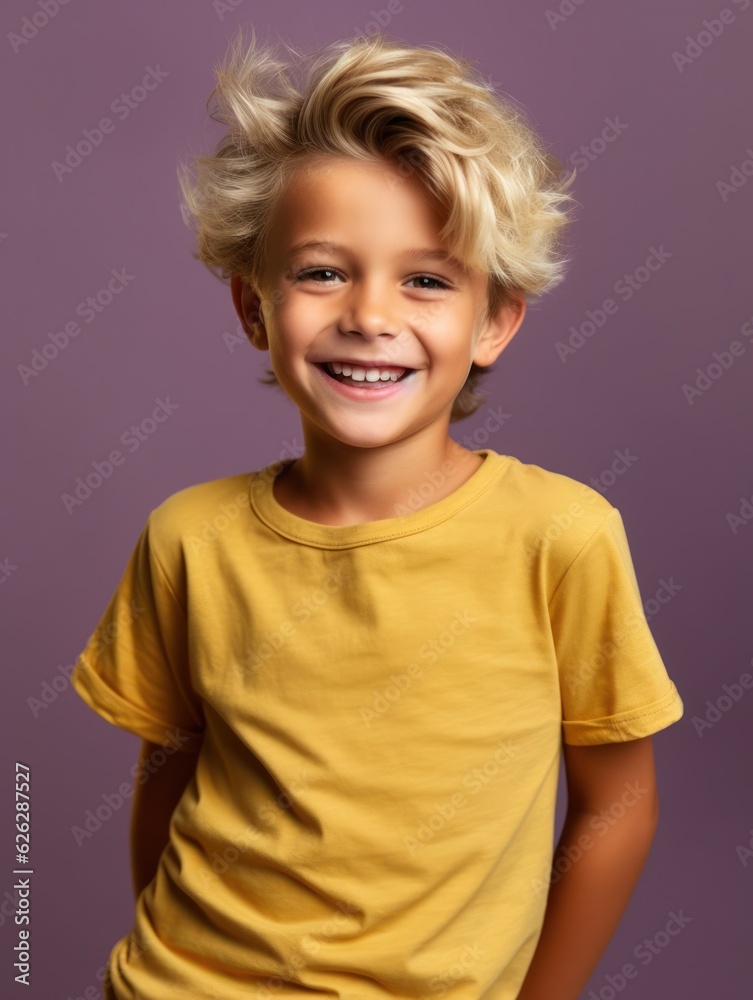 Little pretty boy smiling model posing at camera in bright studio. Generative AI Little pretty boy smiling model posing at camera in bright studio. Generative AI