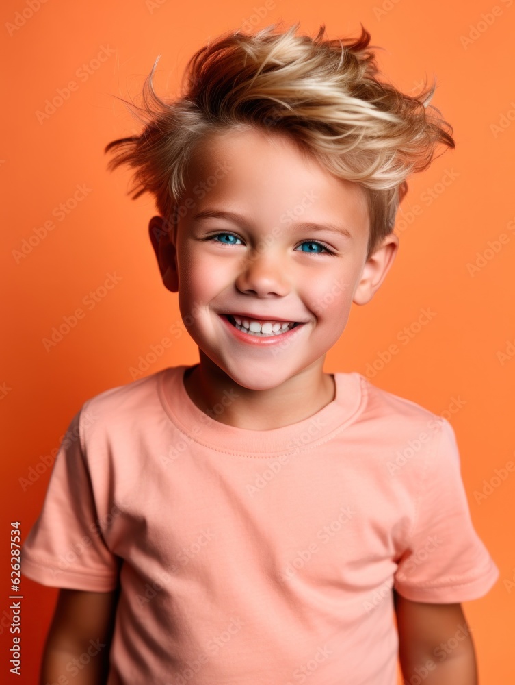 Little pretty boy smiling model posing at camera in bright studio. Generative AI Little pretty boy smiling model posing at camera in bright studio. Generative AI