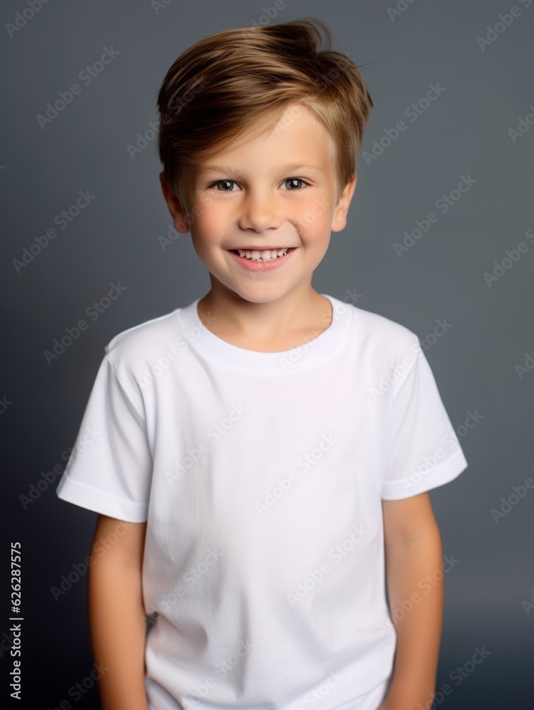 Little pretty boy smiling model posing at camera in bright studio. Generative AI Little pretty boy smiling model posing at camera in bright studio. Generative AI
