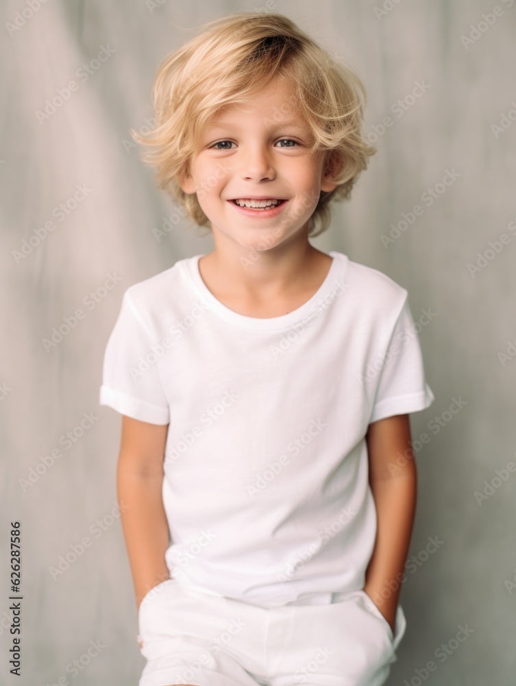 Little pretty boy smiling model posing at camera in bright studio. Generative AI Little pretty boy smiling model posing at camera in bright studio. Generative AI