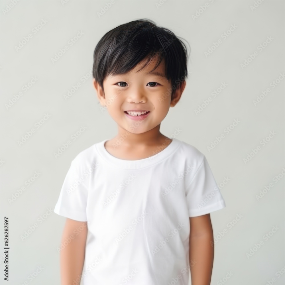 Little pretty boy smiling model posing at camera in bright studio. Generative AI Little pretty boy smiling model posing at camera in bright studio. Generative AI