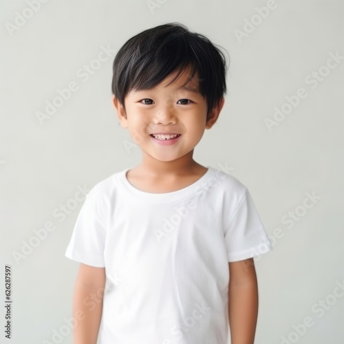 Little pretty boy smiling model posing at camera in bright studio. Generative AI