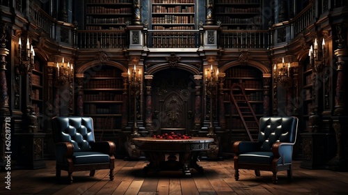 Library room: bookshelves, reading chairs, literary elements