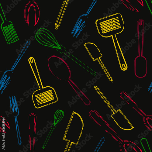 seamless pattern with hand drawn colorful cooking tools on black background
