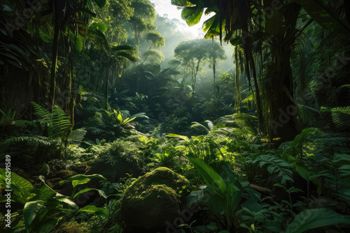 A green wild jungle in the rain forest with lots of plants.