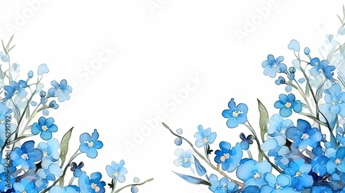 Blue Forget me not flowers watercolor background. Forget-me-nots. Summer flowers Scorpion Grass, Myosotis. AI illustration. For packaging, textile, web pages, wedding invitations, greeting cards..