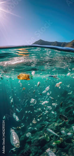 Plastic bags littering the ocean are floating in the under water. An underwater view floating trash.