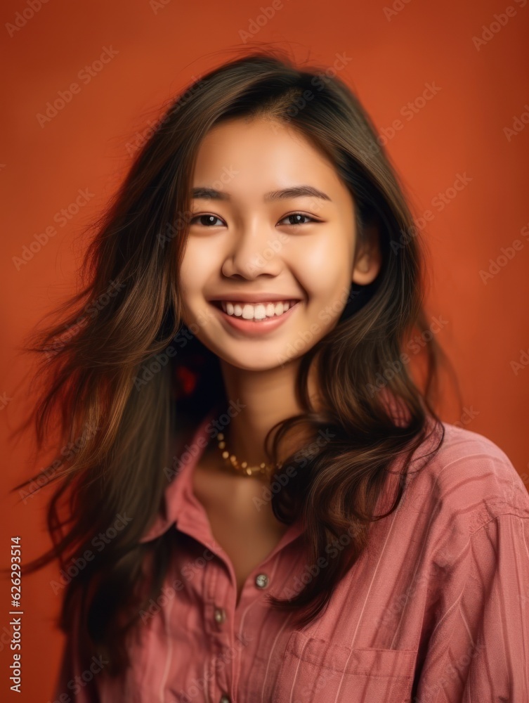 Asian Girls' Education. Happy beautiful Asian Girl is smilling on color background. Generative AI