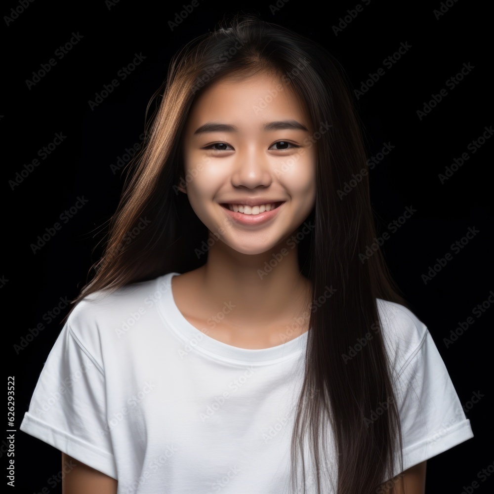 Asian Girls' Education. Happy beautiful Asian Girl is smilling on color background. Generative AI Asian Girls' Education. Happy beautiful Asian Girl is smilling on color background. Generative AI