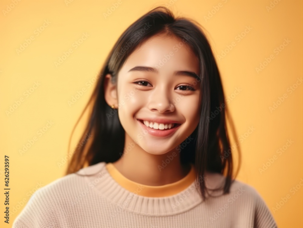 Asian Girls' Education. Happy beautiful Asian Girl is smilling on color background. Generative AI Asian Girls' Education. Happy beautiful Asian Girl is smilling on color background. Generative AI