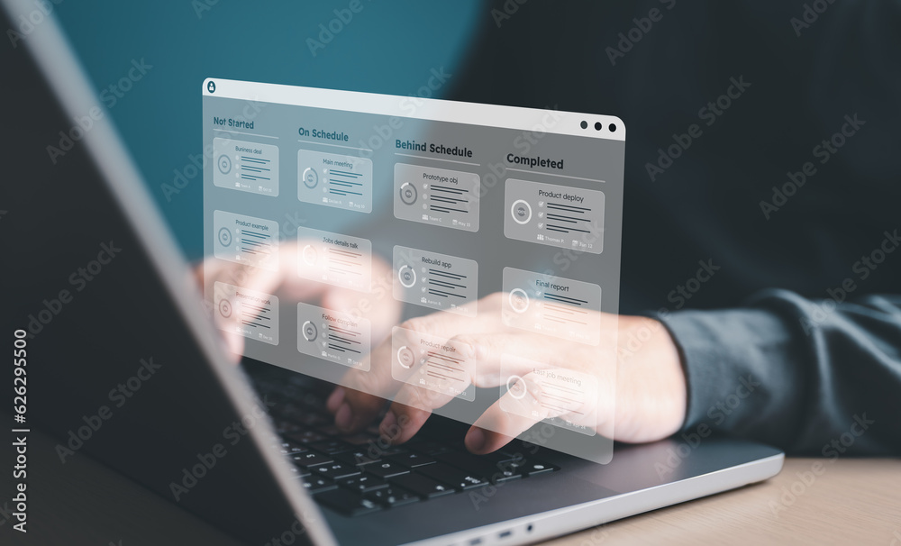 Software engineer or Developer use computer with virtual interface for planner software. Project management using task or responsible methodology boards on screen. Process workflow task list due date. Software engineer or Developer use computer with virtual interface for planner software. Project management using task or responsible methodology boards on screen. Process workflow task list due date.