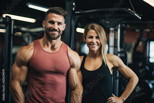 couple flexing their muscles, working out in gym, health and wellness