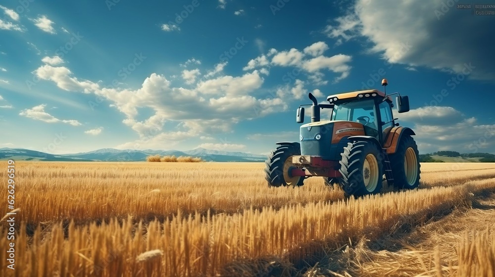 Fototapeta premium Agricultural scene with heavy equipment, clear sky