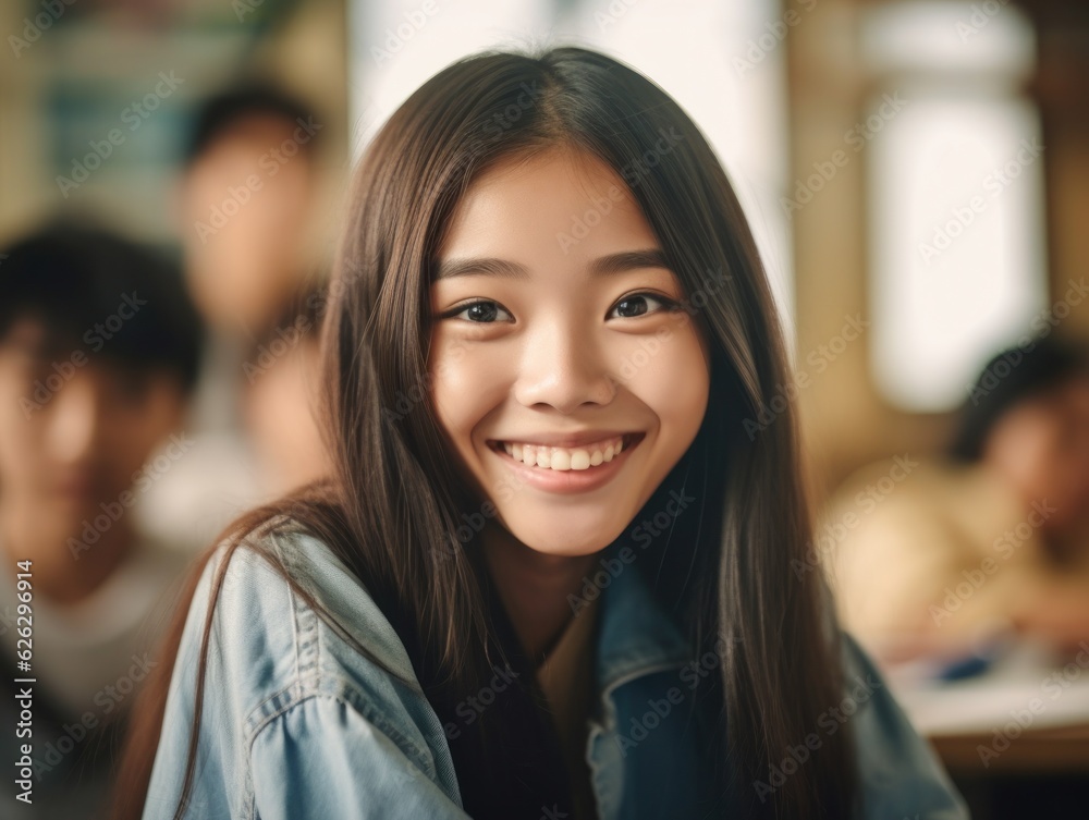 Asian Girls' Education. Happy beautiful Asian Girl is smilling. Generative AI Asian Girls' Education. Happy beautiful Asian Girl is smilling. Generative AI