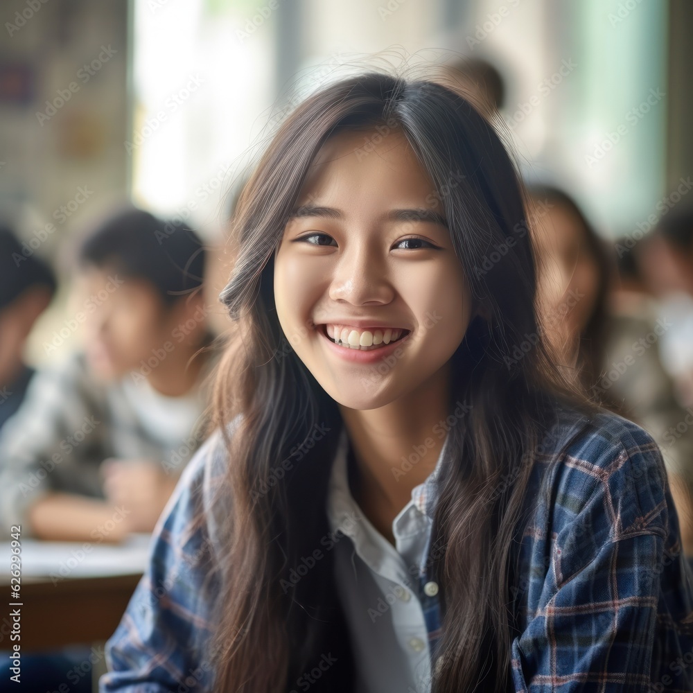 Obraz premium Asian Girls' Education. Happy beautiful Asian Girl is smilling. Generative AI