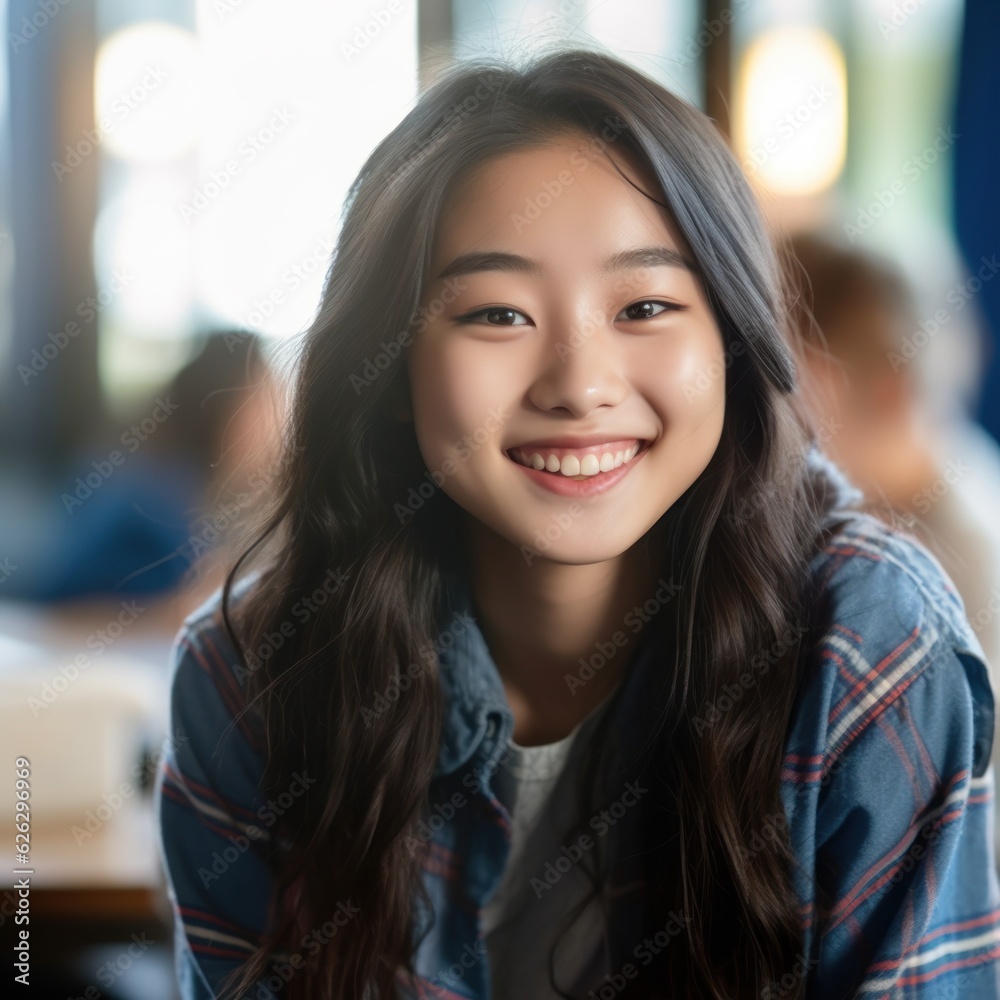 Asian Girls' Education. Happy beautiful Asian Girl is smilling. Generative AI Asian Girls' Education. Happy beautiful Asian Girl is smilling. Generative AI