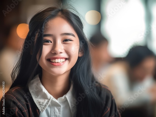 Asian Girls' Education. Happy beautiful Asian Girl is smilling. Generative AI © Viktor