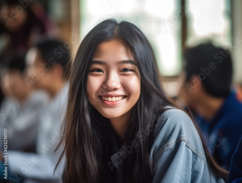 Asian Girls  Education. Happy beautiful Asian Girl is smilling. Generative AI